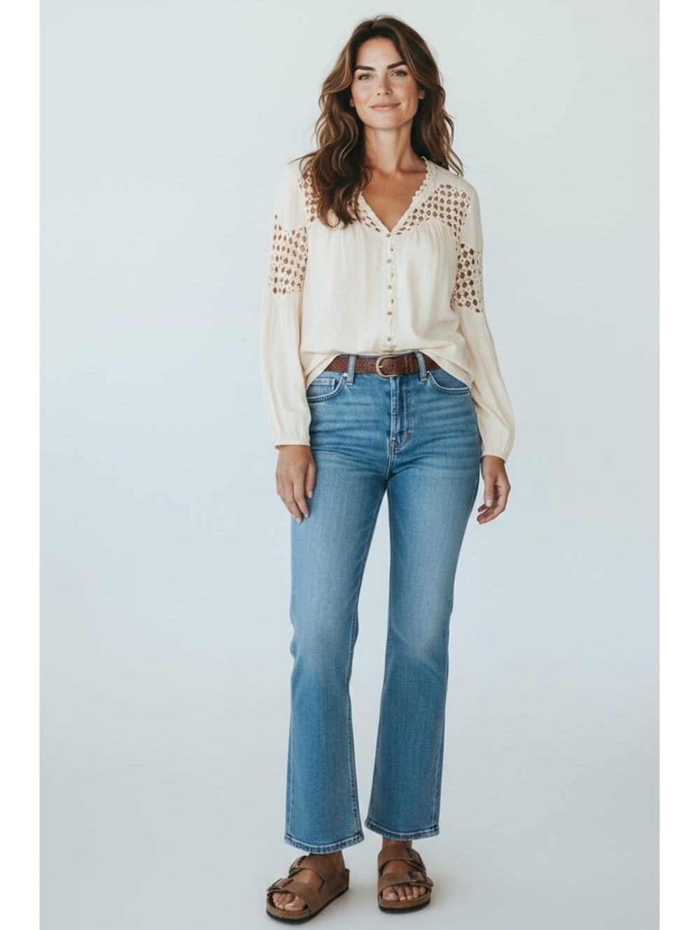 Sundance Cream Crochet-Inset Button V-Neck Blouse